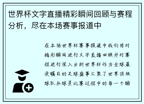 世界杯文字直播精彩瞬间回顾与赛程分析，尽在本场赛事报道中