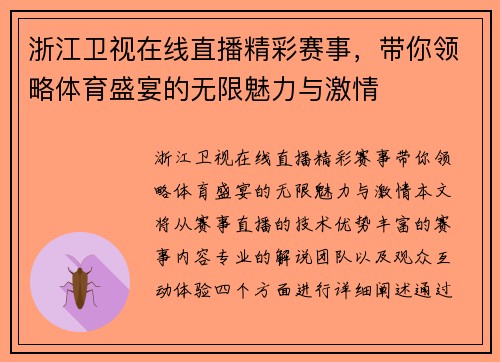 浙江卫视在线直播精彩赛事，带你领略体育盛宴的无限魅力与激情